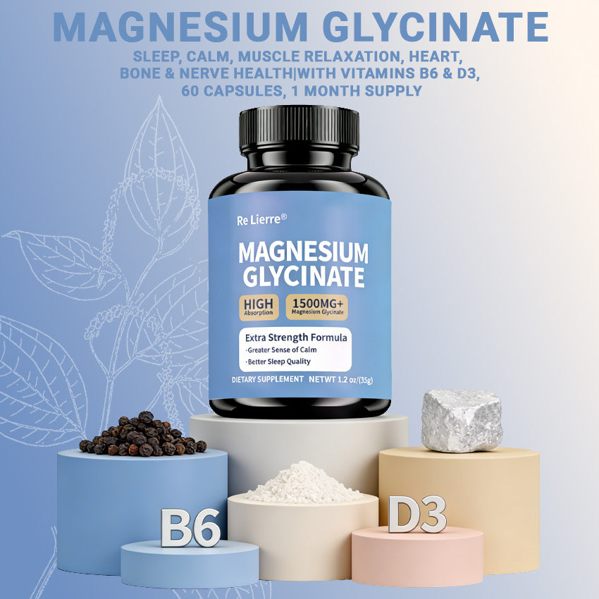 Magnesium Glycinate bottle with black pepper, powder, and mineral rock props representing vitamin B6 and D3 ingredients, 60 capsules one month supply