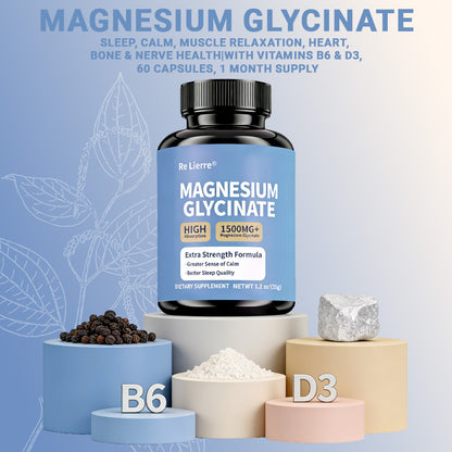 Magnesium Glycinate bottle with black pepper, powder, and mineral rock props representing vitamin B6 and D3 ingredients, 60 capsules one month supply