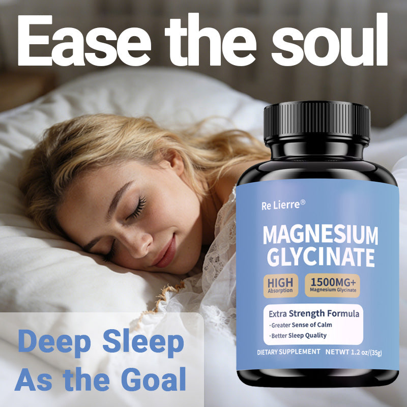 Woman sleeping peacefully next to bottle of Magnesium Glycinate, promoting deep sleep support