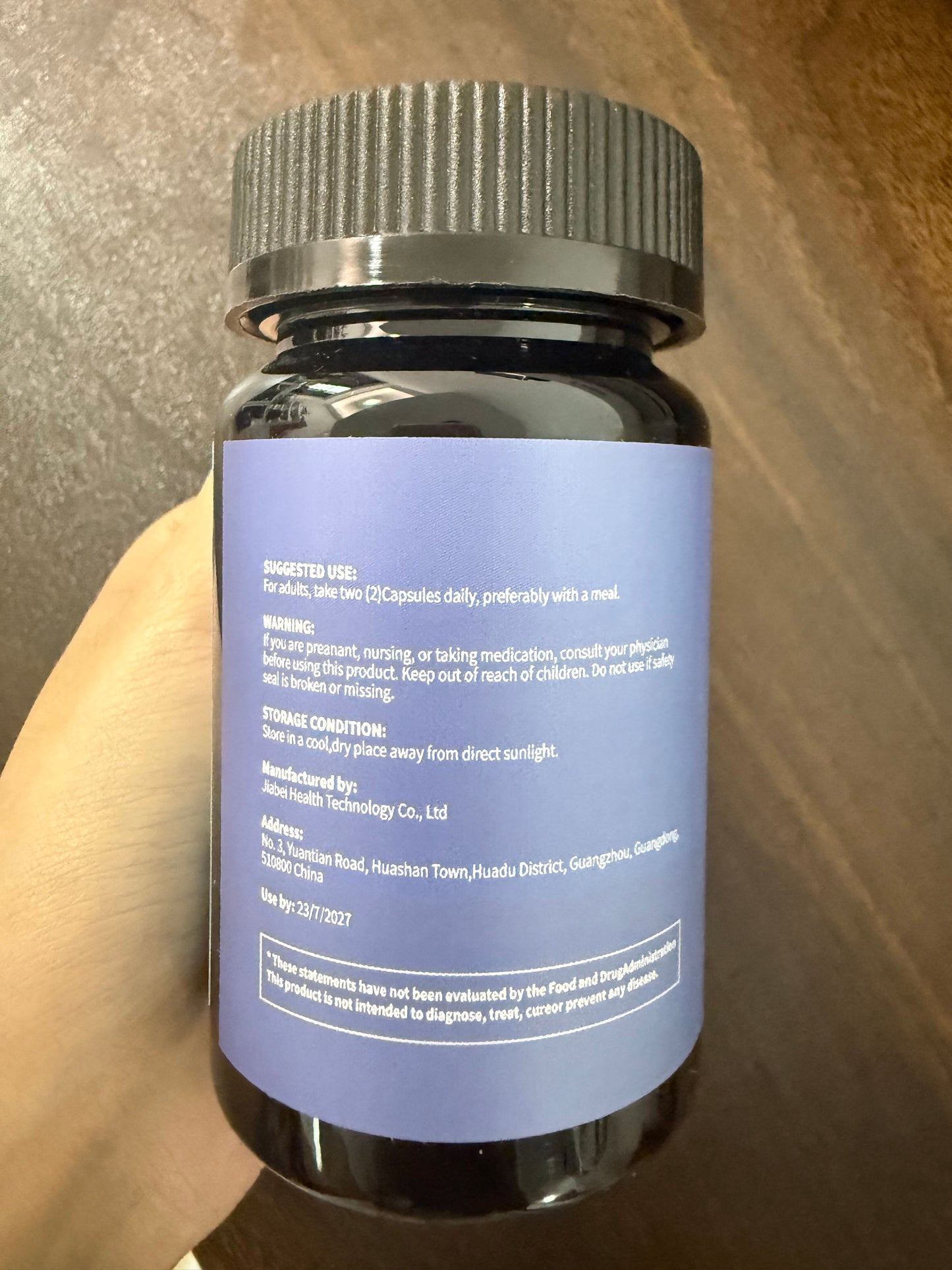 Close-up of the back label of the Magnesium Glycinate bottle showing suggested use, warnings, and storage instructions