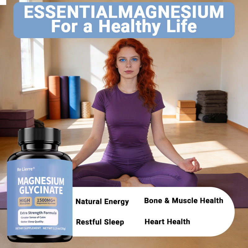 Woman meditating in yoga pose next to Magnesium Glycinate bottle, highlighting natural energy, bone and muscle health, restful sleep, and heart health benefits