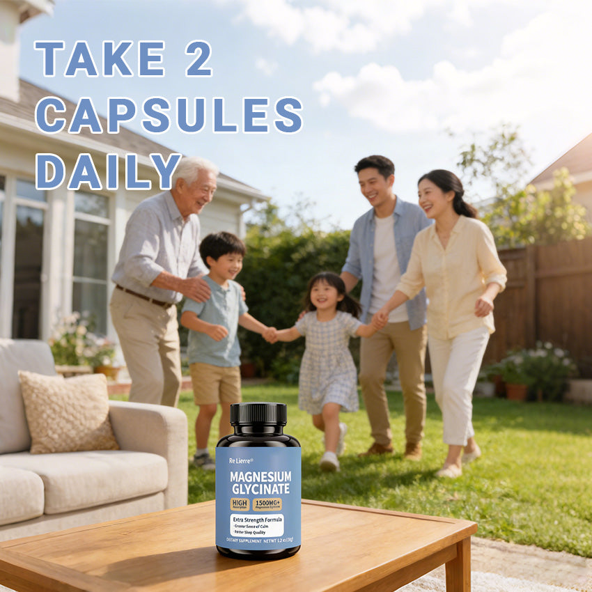 Family with grandparents and children walking together outdoors, with text reading take 2 capsules daily