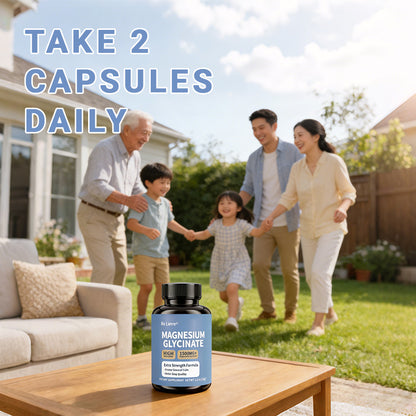 Family with grandparents and children walking together outdoors, with text reading take 2 capsules daily