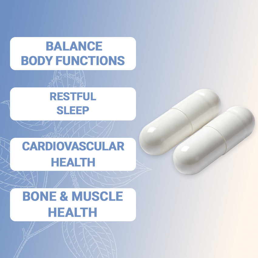 Two magnesium glycinate capsules on a light blue background with text listing balance body functions, restful sleep, cardiovascular health, and bone and muscle health
