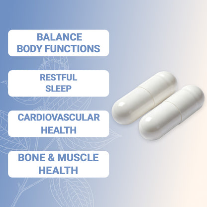 Two magnesium glycinate capsules on a light blue background with text listing balance body functions, restful sleep, cardiovascular health, and bone and muscle health