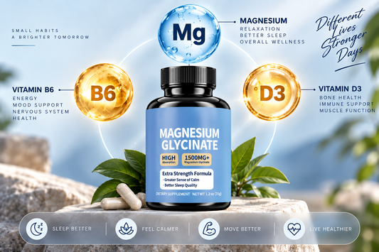 Bottle of magnesium glycinate capsules with magnesium, vitamin B6, and vitamin D3 illustrated above, plus icons for sleep, calm, muscle, and heart support