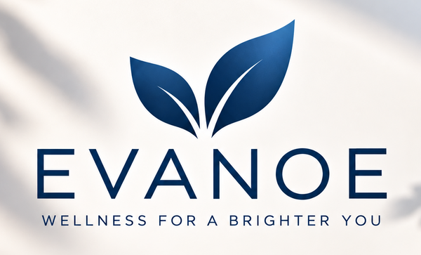 A centered brand logo reading EVANOE with the tagline WELLNESS FOR A BRIGHTER YOU beneath it. The logo features two blue leaves above the text.