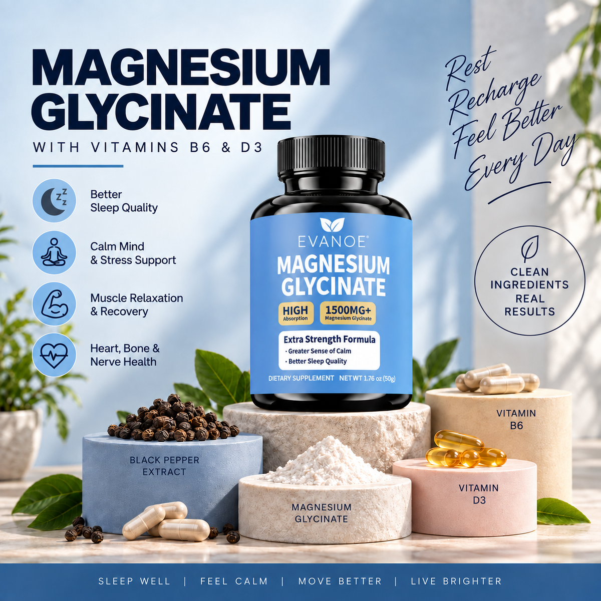 A bottle of Evanoe Magnesium Glycinate dietary supplement centered on a styled product display with capsules, powder, and labeled containers. The scene includes marketing text about magnesium glycinate and vitamins B6 and D3, with a soft outdoor-like blurred background.