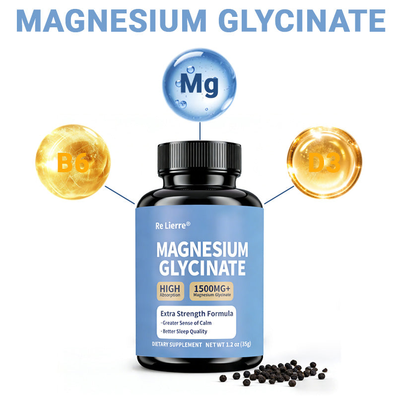 Bottle of Magnesium Glycinate capsules, 1500mg extra strength formula with vitamin B6 and D3, high absorption