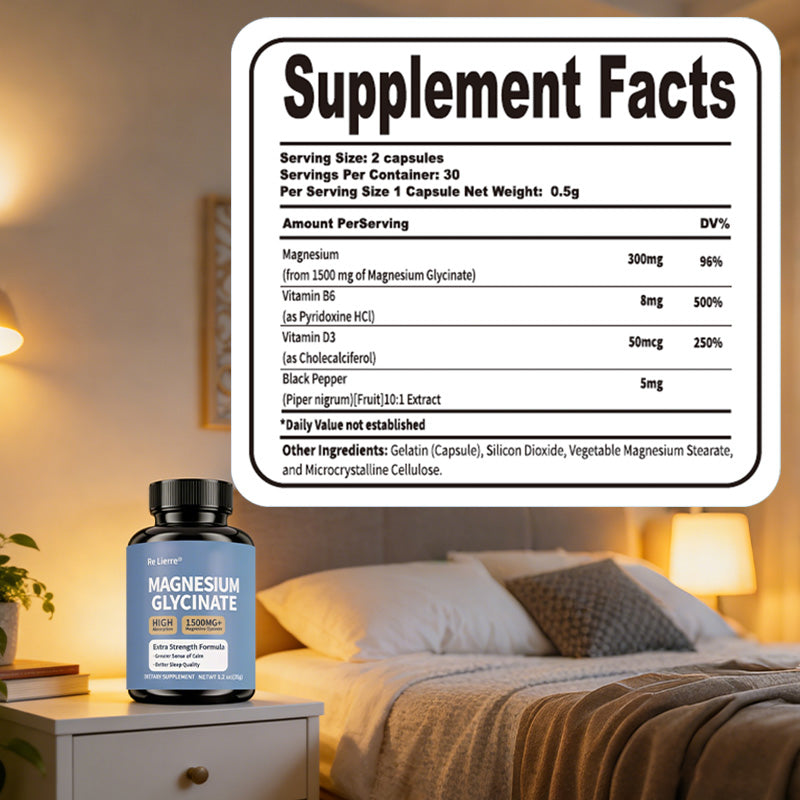 Supplement Facts label for Magnesium Glycinate showing 300mg magnesium, vitamin B6, vitamin D3, and black pepper extract per serving