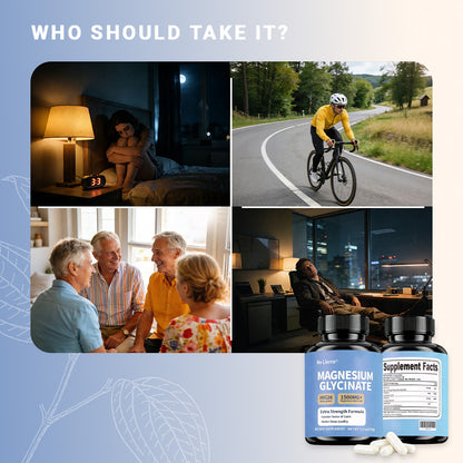 Four lifestyle photos showing who should take magnesium glycinate: a stressed person at night, a cyclist, older friends socializing, and a person relaxing at night, next to the capsule bottle and supplement facts