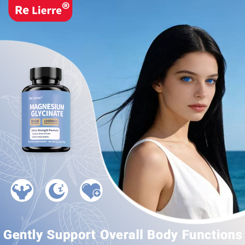 Woman in white dress by the ocean next to Magnesium Glycinate bottle, with icons for muscle, sleep, and heart support and text reading gently support overall body functions